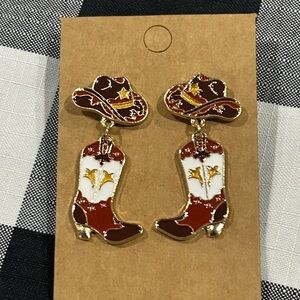 Cowgirl Boot and Hat Dangle Earrings - Brown & White